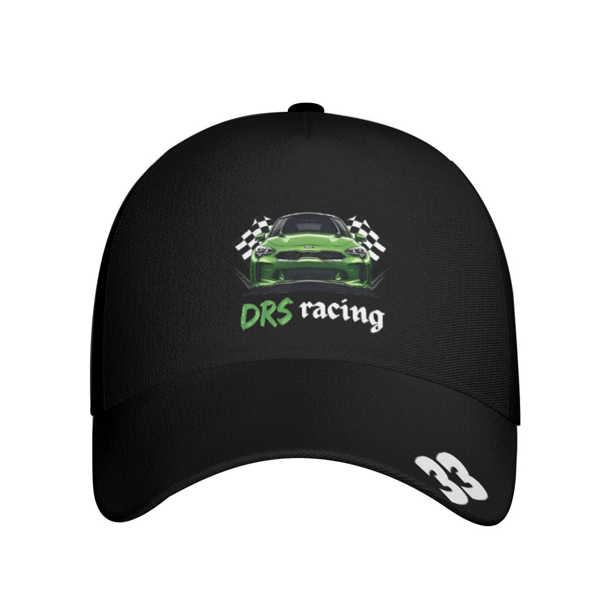 DRS Racing official team cap front view with green Stinger logo and 33 on brim